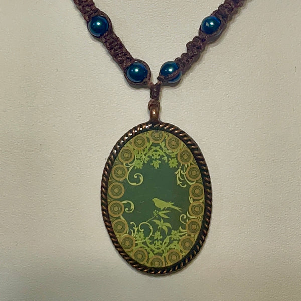 Vintage Orgone Stone Copper Pendant Womens Painted Bird Beaded Necklace