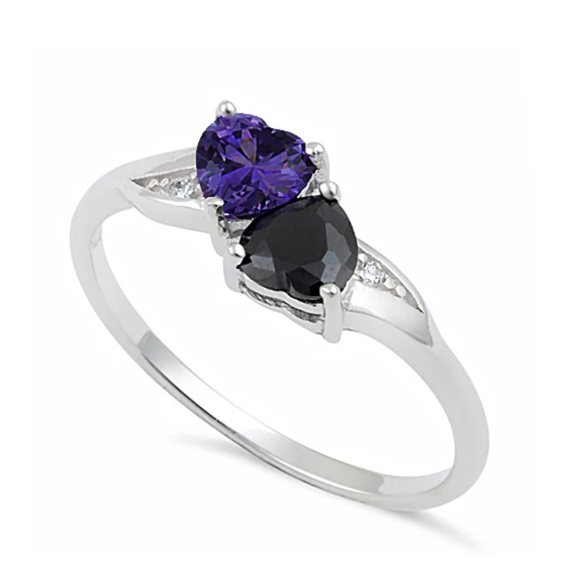 Sterling Silver Double Heart Tanzanite & Black Onyx CZ Ring New
