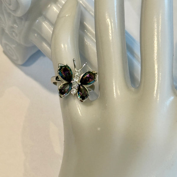 Sterling Silver Large Rainbow Mystic Topaz CZ Butterfly Ring New