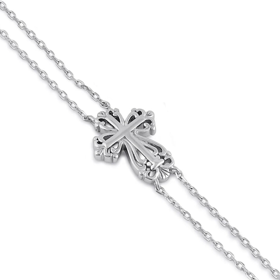 Sterling Silver Vintage Floral Cross Double Chain Bracelet New
