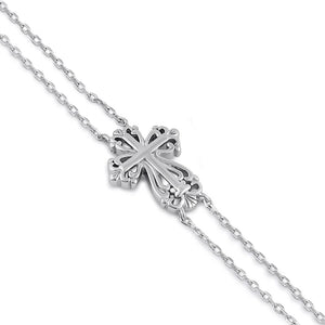 Sterling Silver Vintage Floral Cross Double Chain Bracelet New