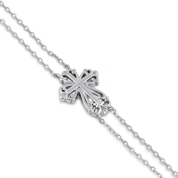 Sterling Silver Vintage Floral Cross Double Chain Bracelet New