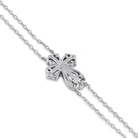 Sterling Silver Vintage Floral Cross Double Chain Bracelet New