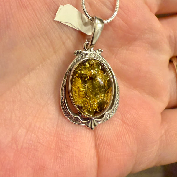 Natural Green Baltic Amber Oval Framed Pendant Necklace Sterling Silver New
