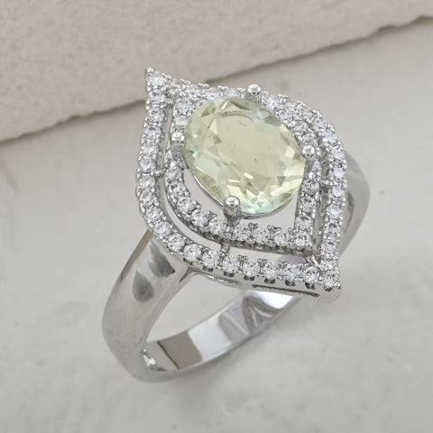 Simulated Prasiolite and Simulated Diamond 2.90 ctw Silver Ring Size 10 New