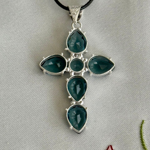 London Blue Topaz CZ Cross Necklace Pendant Large Faceted Teardrop New