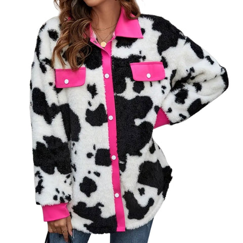 Oversized Cow Print Sherpa Snap Jacket With Snaps Womens Pink Size X Large New