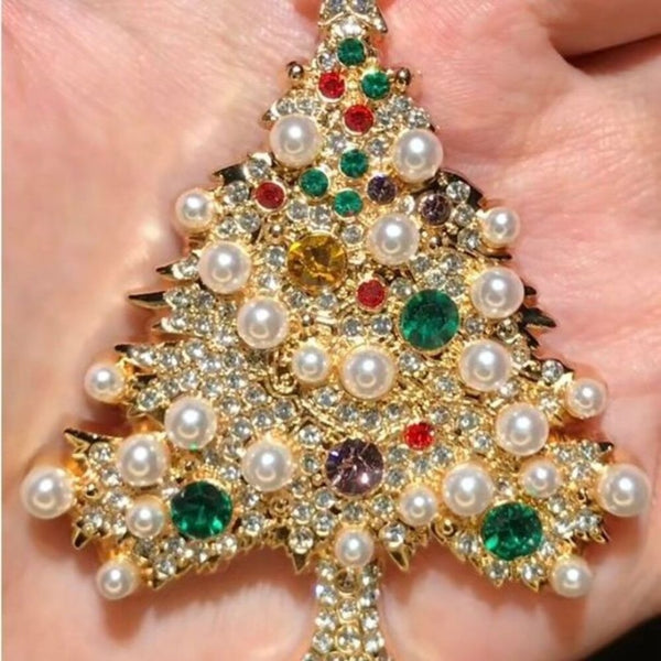Luxury Pearl Crystal Christmas Tree Gold Brooch