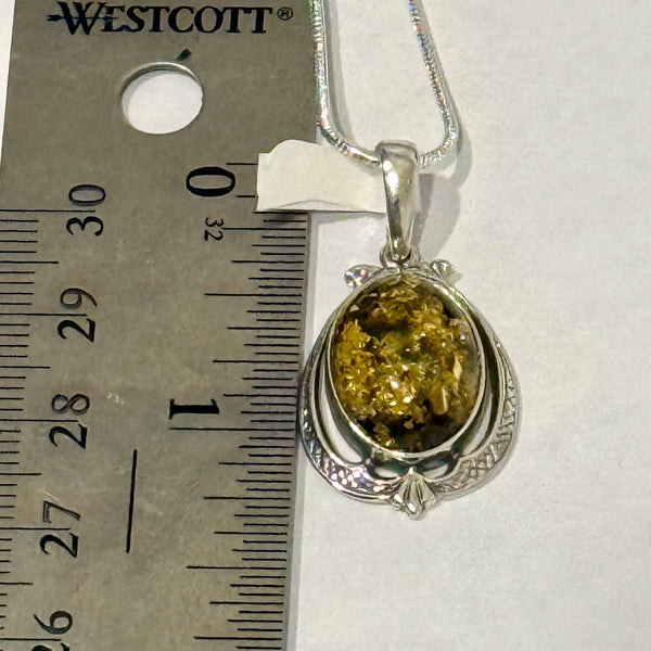 Natural Green Baltic Amber Oval Framed Pendant Necklace Sterling Silver New