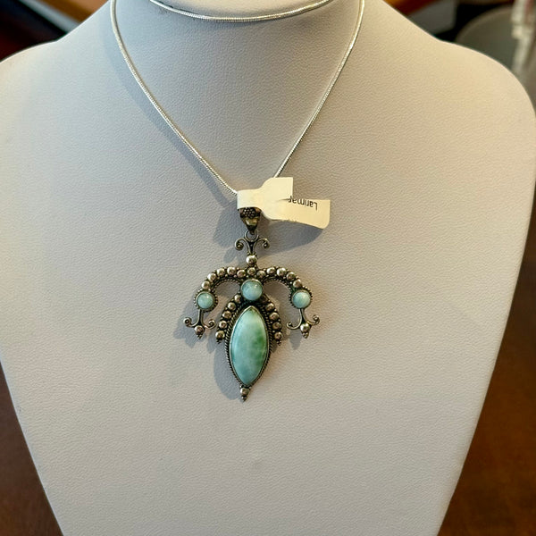 Unique Natural Larimar Gemstone Necklace Pendant 925 Sterling Silver New