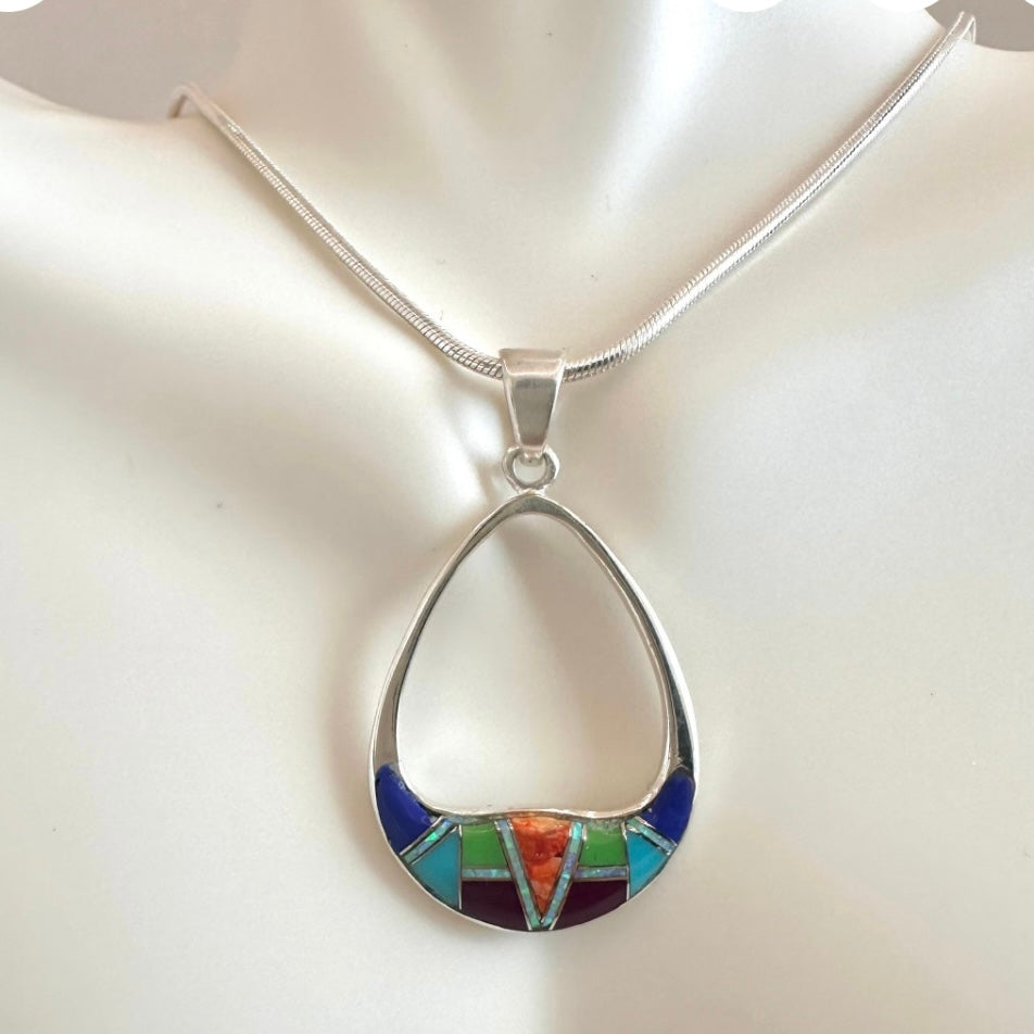 Native American Turquoise Multi Stone Inlaid Sterling Silver Pendant Necklace