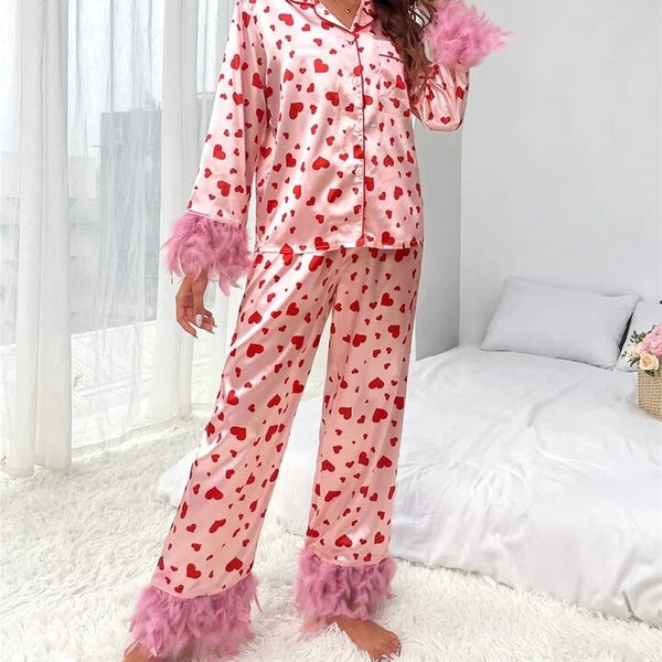 Satin Loungewear Set Heart Print Womens Feather Cuff Long Sleeve Button Down