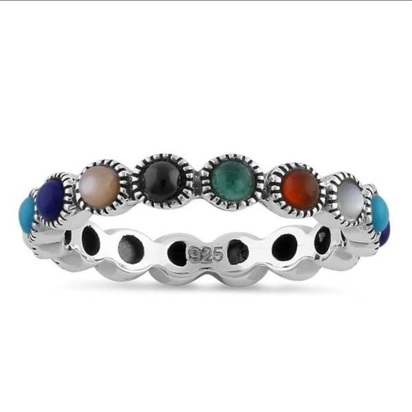 Sterling Silver Round Multi-Color Eternity Band Marcasite Ring New