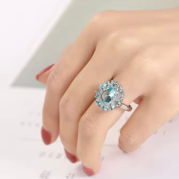 Stunning Round Aquamarine Zircon Sterling Silver Statement Ring Multi Stone New
