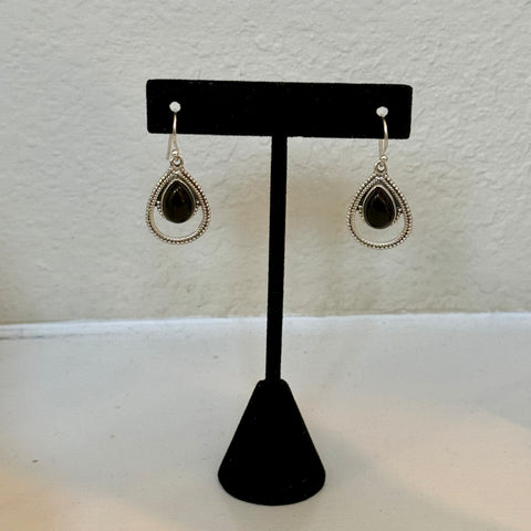 Southwestern Oval Framed Genuine Black Onyx 925 Sterling Silver Dangle Earrings