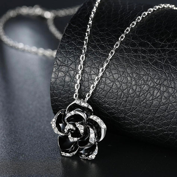 Sterling Silver Black Flower Enamel Drip Rhinestone Necklace Womens New