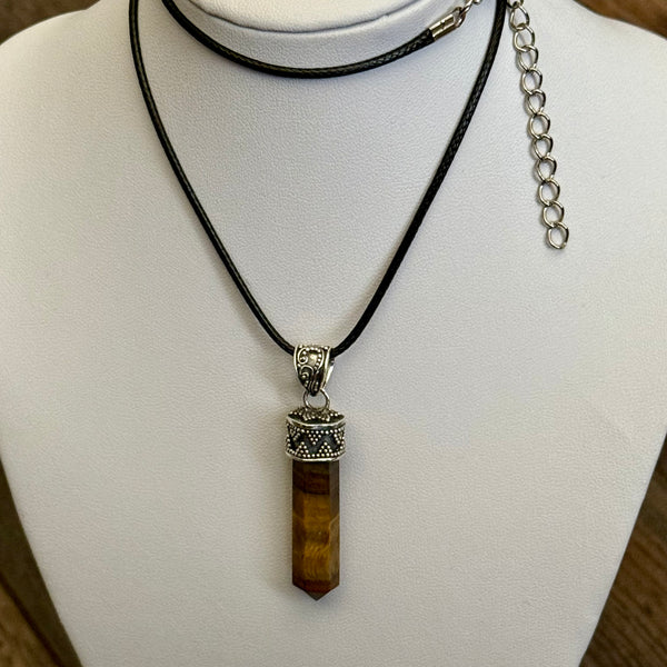 Natural Golden Faceted Tigers Eye Stone Crystal Point Pendant Bali Necklace New