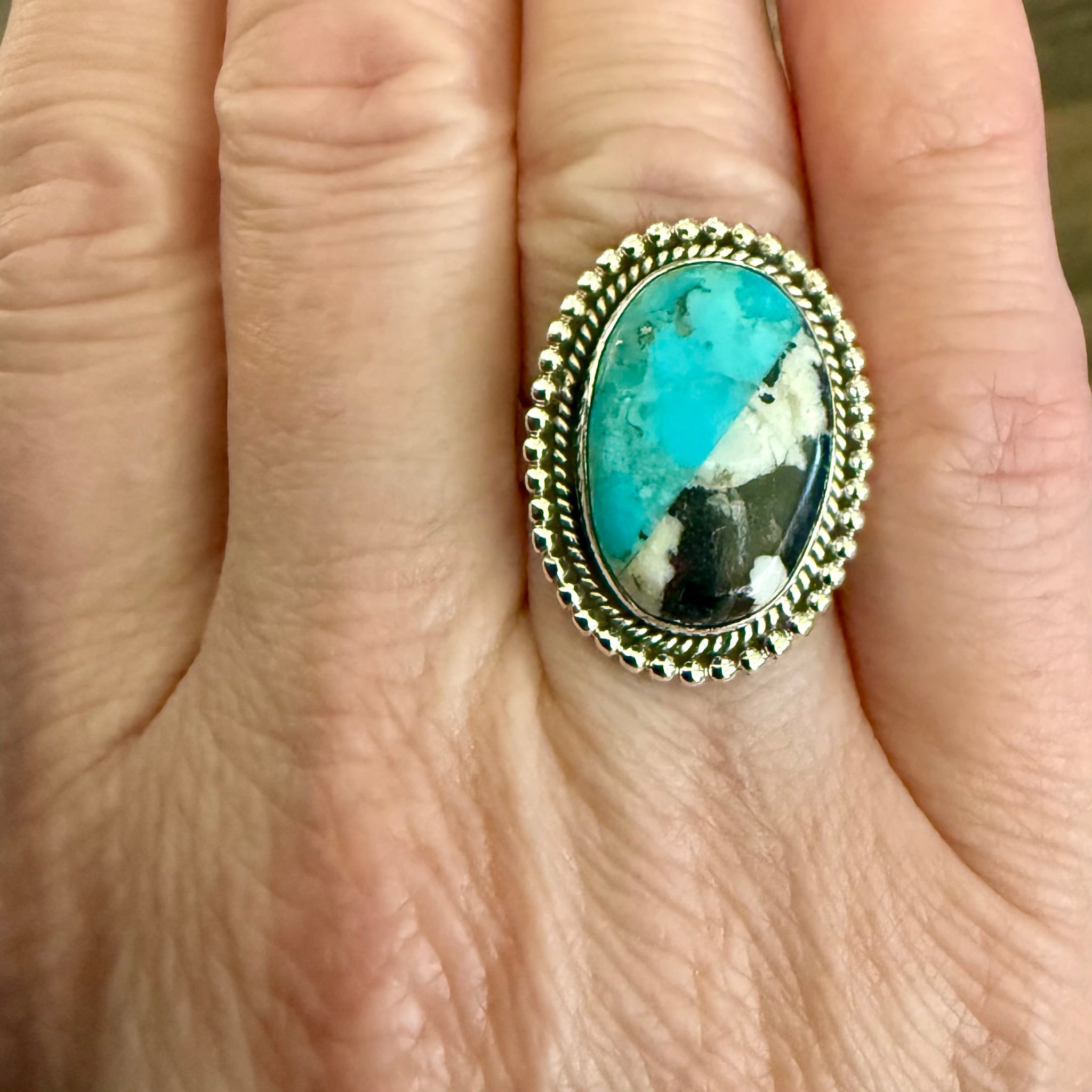 Oval White Buffalo & Kingman Turquoise Star Band Ring Sterling Silver Size 7 New