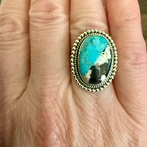Oval White Buffalo & Kingman Turquoise Star Band Ring Sterling Silver Size 7 New