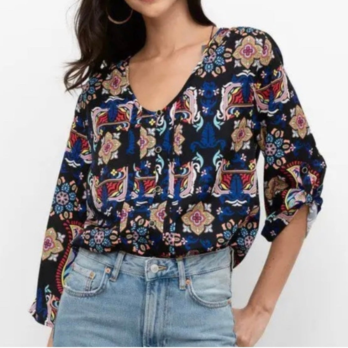 Yumi Kim Lizzie Black Scroll Mandala Print Blouse Womens Casual Roll Sleeve Top