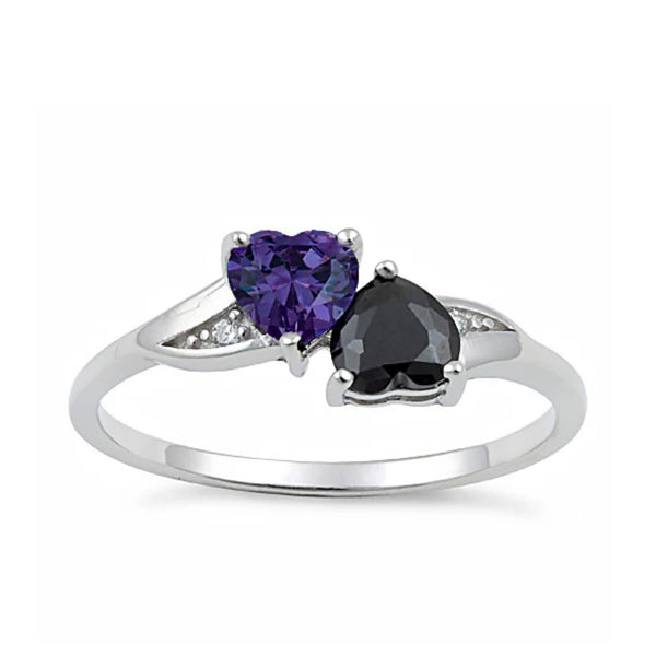 Sterling Silver Double Heart Tanzanite & Black Onyx CZ Ring New