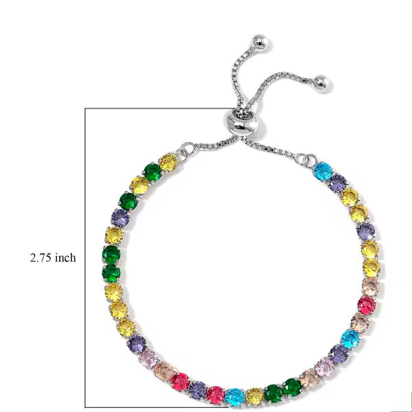 Simulated Multi Color Diamond Tennis Bracelet with Bolo Slider in Silvertone 6-9Inches
