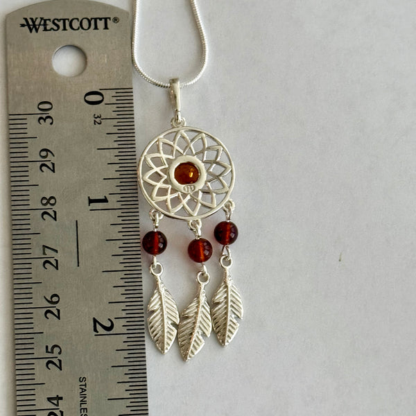 Baltic Amber Dreamcatcher Sterling Silver Pendant Necklace Southwestern Boho