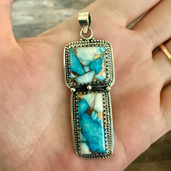 Southwestern Ice Blue Dahlia Turquoise Double  Necklace Pendant Sterling Silver