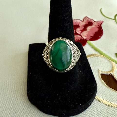 Natural Malachite Bali Style Ring 925 Sterling Silver Oval Cabochon Size 8 New