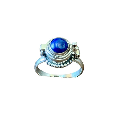 Round Cut Lapis Lazuli Gemstone Poison Locket Box Ring Boho Sterling Silver New