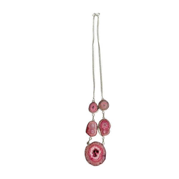 Vibrant Pink Druzy Solar Agate Quartz Gemstone Silver Boho Necklace New