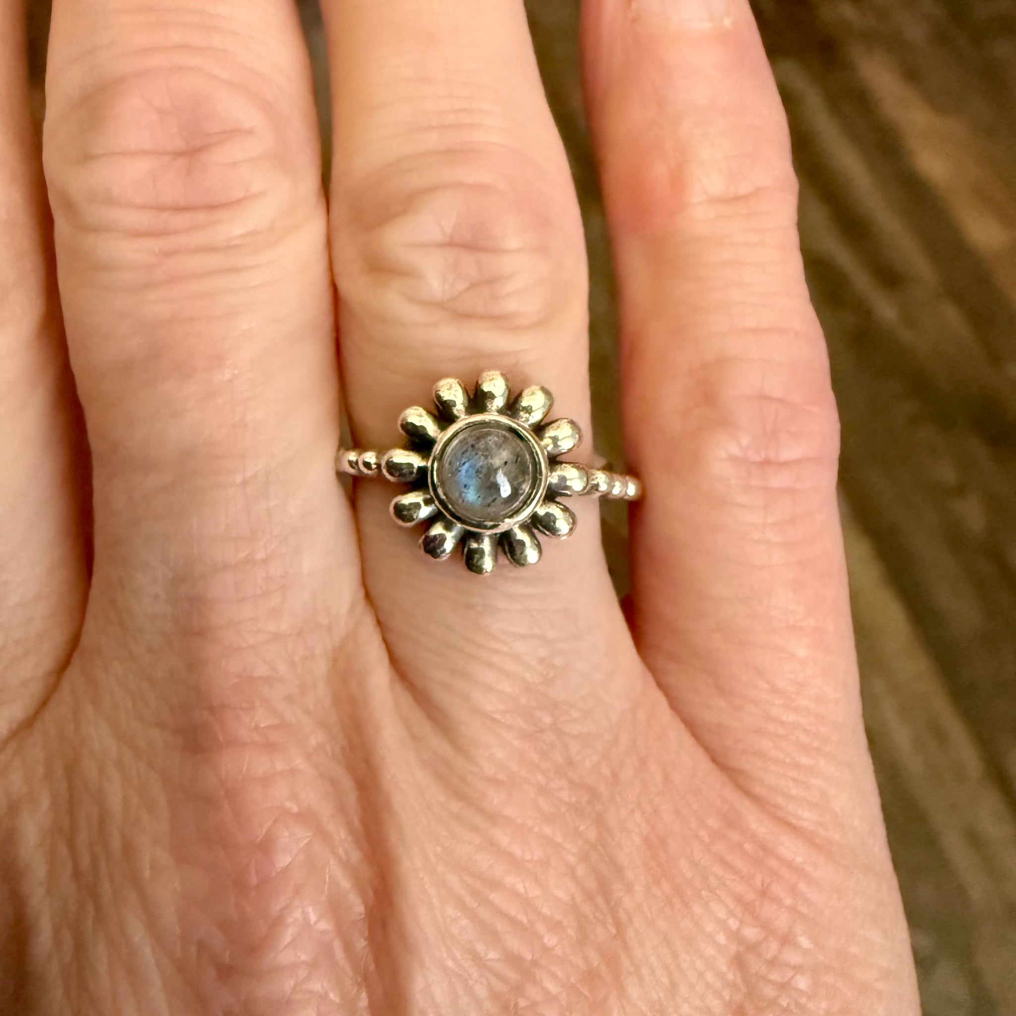Natural Labradorite Sterling Silver Ring Dainty Round Cut Floral Framed New