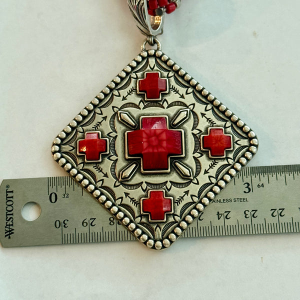 Vintage Southwestern Cross Enhancer Pendant Red & Silver Stone Beaded Necklace