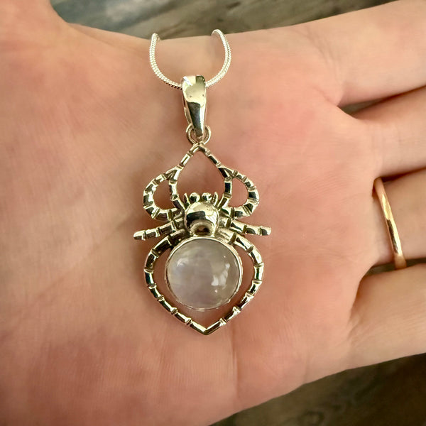 Round Rainbow Moonstone Spider Necklace Pendant Sterling Silver Southwestern