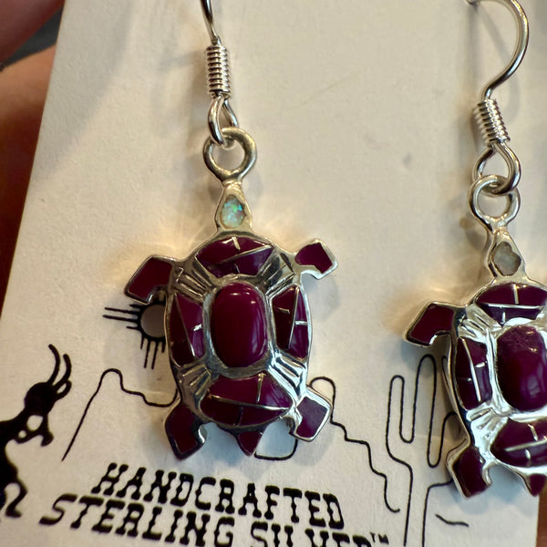 Navajo Made Mojave Purple Turquoise & Opal Turtle Sterling Silver Earrings New