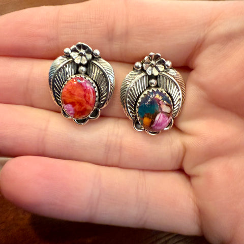Southwestern Plum Spiny Oyster Turquoise Carved Floral Sterling Silver Earrings