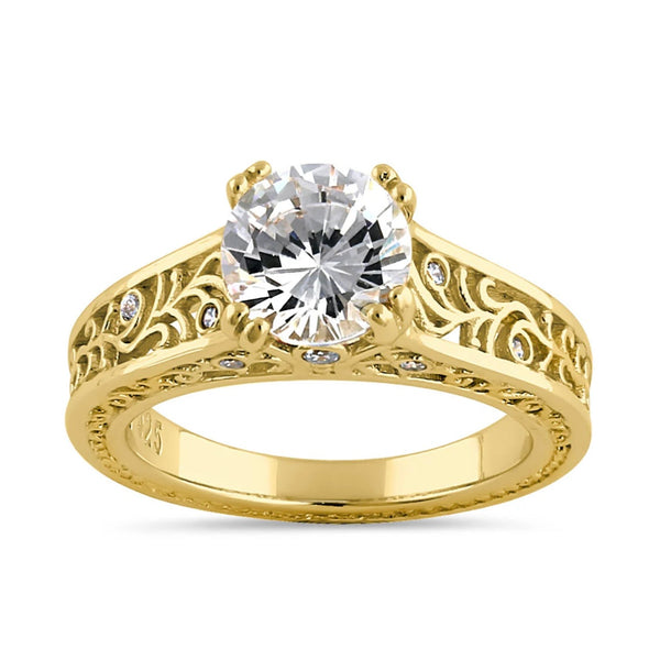 Gold Vermeil Vine Filigree Round Cut Clear CZ Solitaire Engagement Ring Size 6
