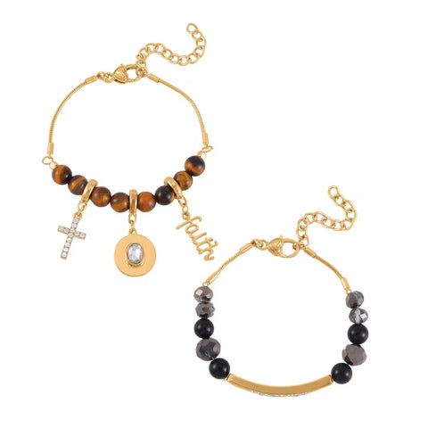 Black Agate Tiger's Eye and Multi Gemstone Set of 2 Faith Adjustable Bracelets