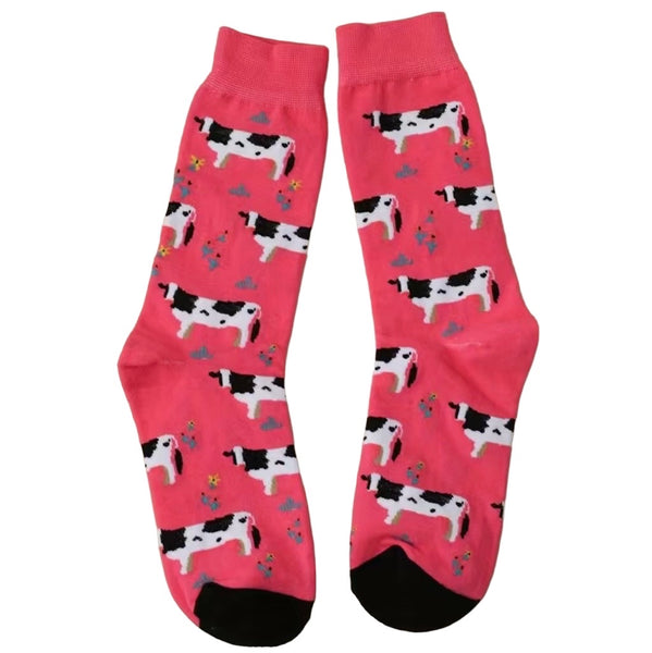 Womens Western Farm Barbie Pink Funny Graphics Cow Print Crew Socks