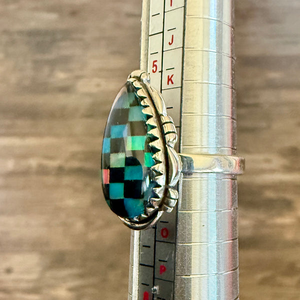 Trendy Southwest Aurora Opal And Onyx Checkerboards Sterling Silver Boho Ring Size 6