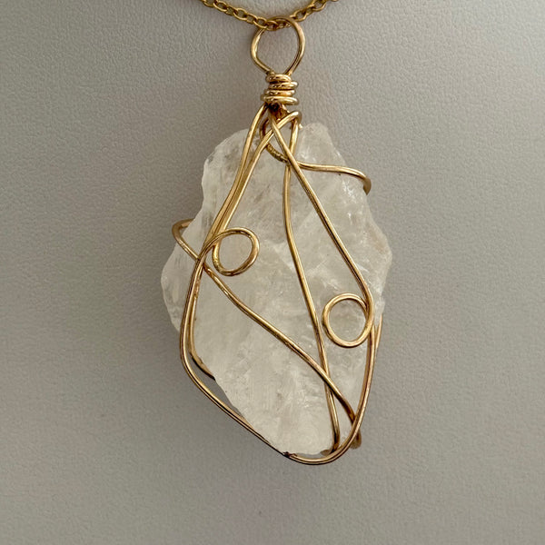 Stunning White Crystal Quartz Pendant Gold 22” Adjustable Necklace New