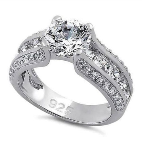 Sterling Silver Round & Princess Cut Clear CZ Ring Womens Wedding Jewelry