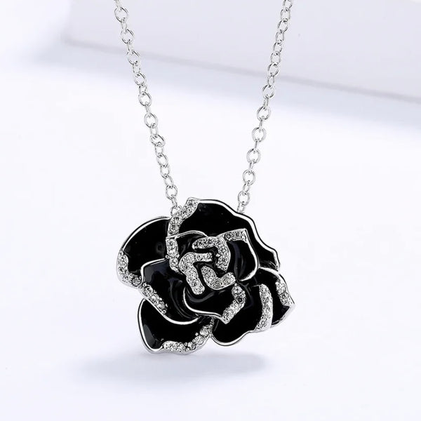 Sterling Silver Black Flower Enamel Drip Rhinestone Necklace Womens New