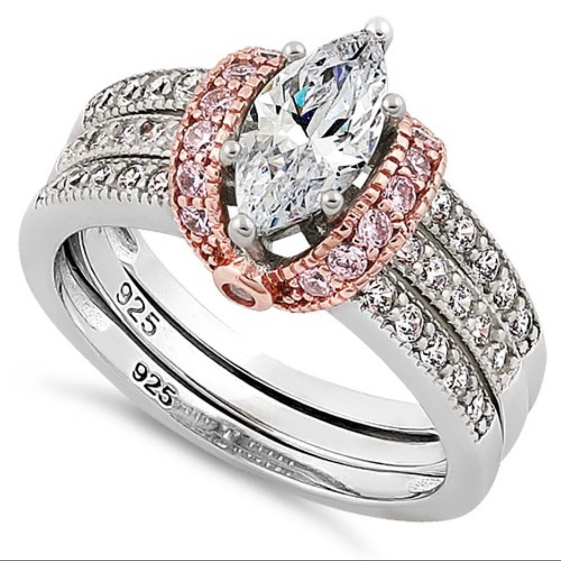 Sterling Silver Two-Tone Rose Gold Clear Marquise CZ Set Ring Size 6 New
