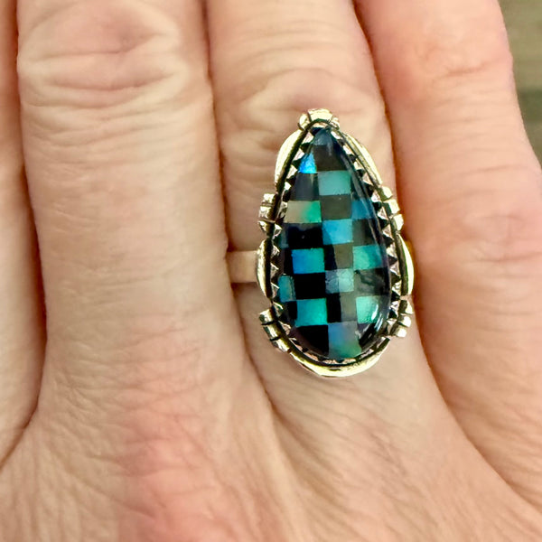 Trendy Southwest Aurora Opal And Onyx Checkerboards Sterling Silver Boho Ring Size 6