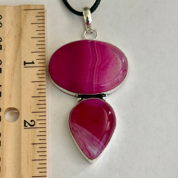 Pink Botswana Banded Agate Silver Long Necklace Boho Oval & Teardrop Pendant New