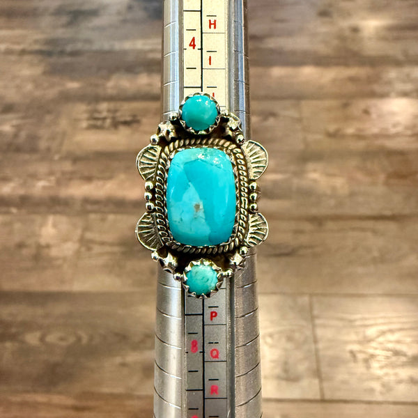 Unique Kingman Turquoise 3 Stone Ring Southwestern Sterling Silver Framed