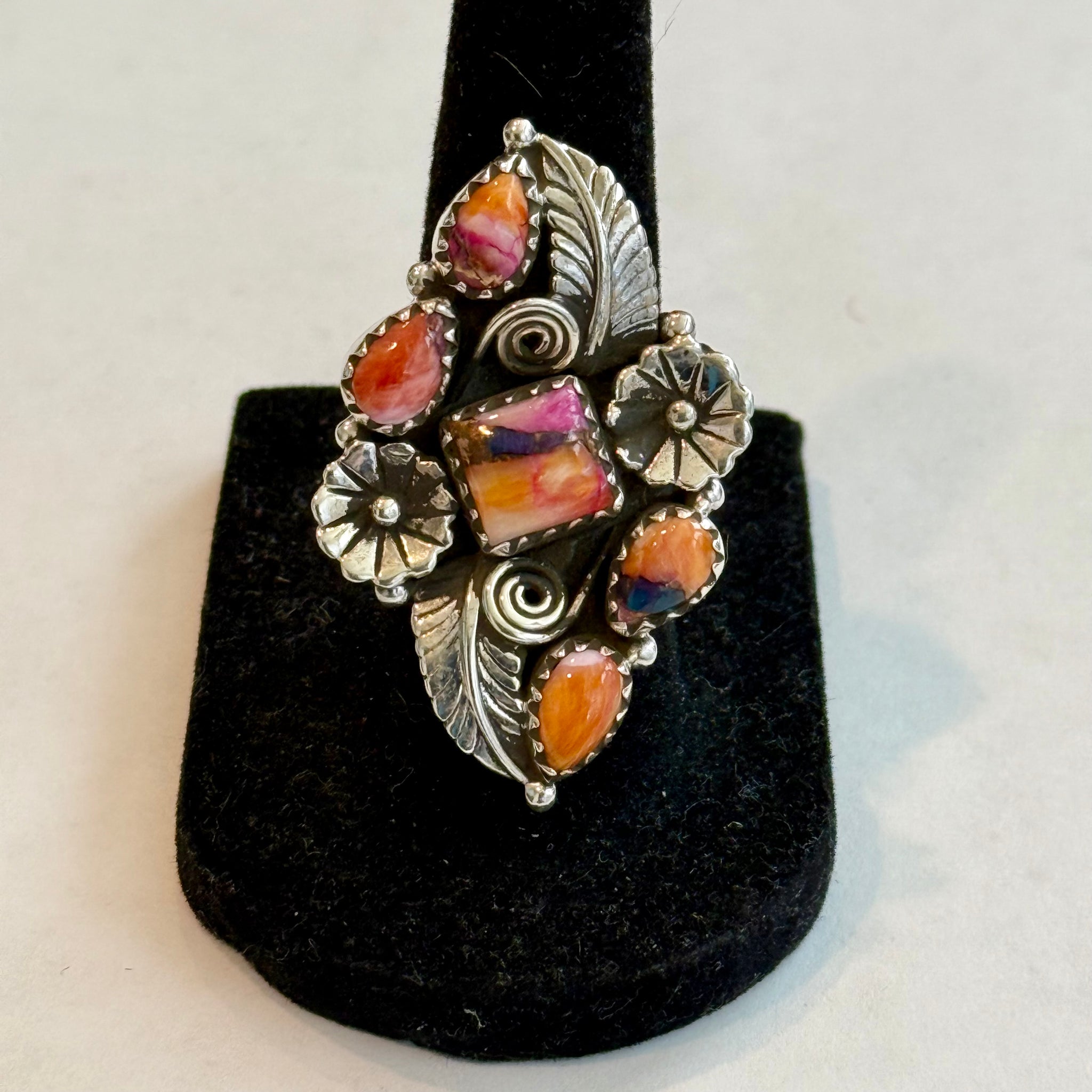Spiny Turquoise Southwestern Statement Boho Ring Sterling Silver Floral Framed