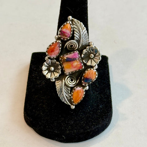 Spiny Turquoise Southwestern Statement Boho Ring Sterling Silver Floral Framed