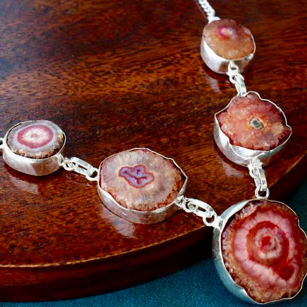 Vibrant Pink Druzy Solar Agate Quartz Gemstone Silver Boho Necklace New